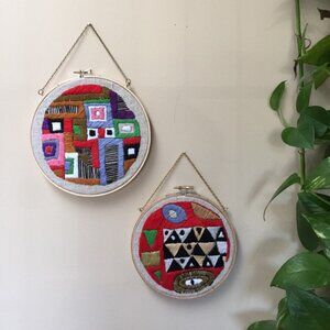 SOLD // Klimt motif embroidered hoop pair, embroidery